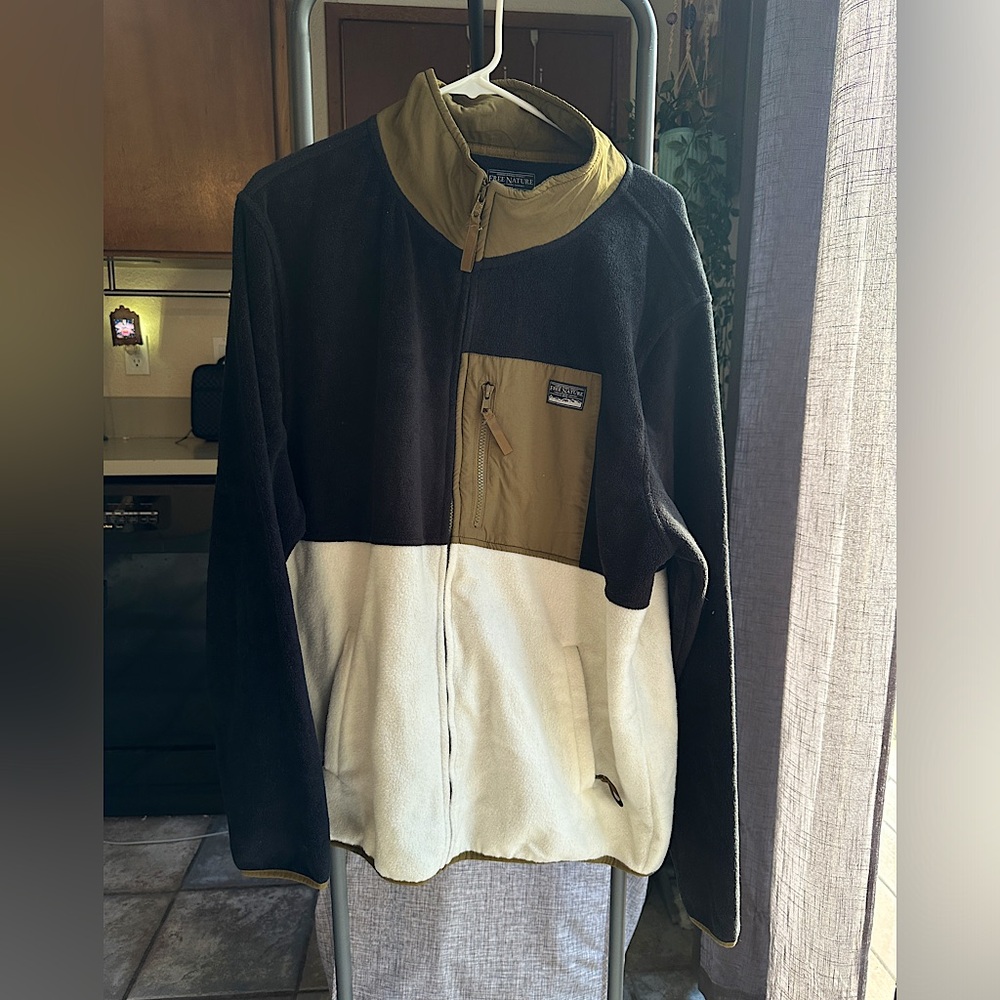 Men’s XL Free Nature Meteorite Full Zip Fleece Jacket Black White Tan Green